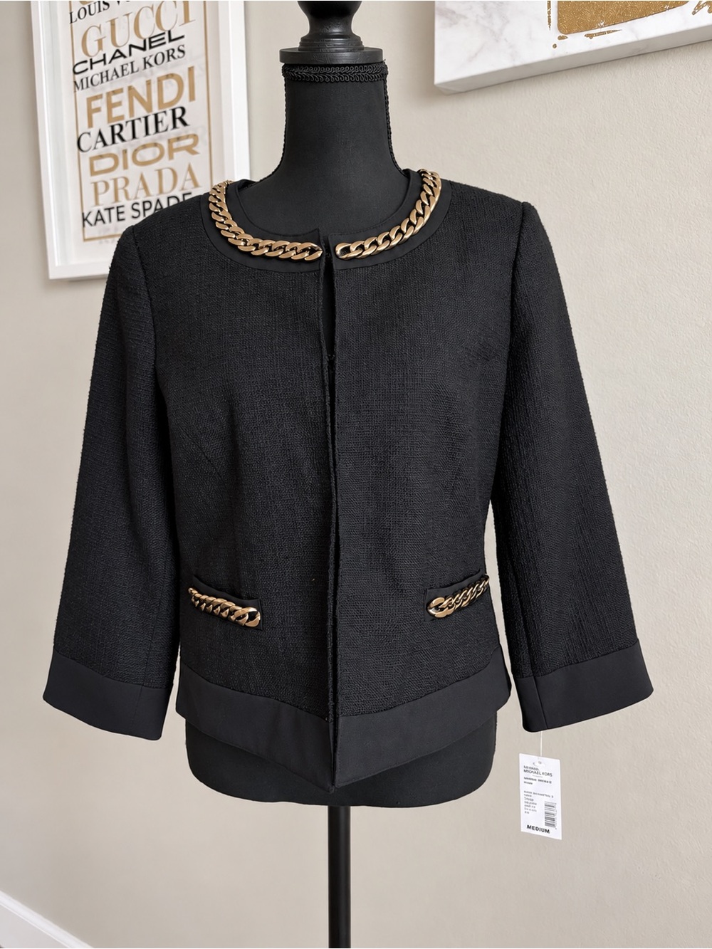 Sharagano Signature Black Bouclé Mixed-Tone Chain Trim Jacket M NWT✨